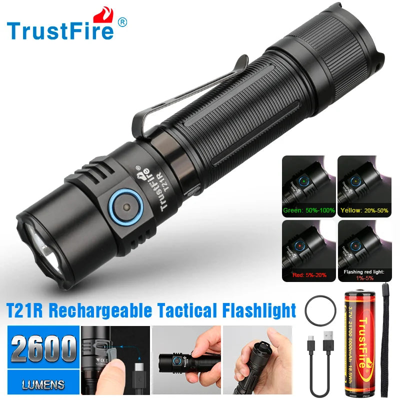 Trustfire T21R Tactical Led Flashlight 2600LM Type C USB Rechargeable 21700 High Power Torch