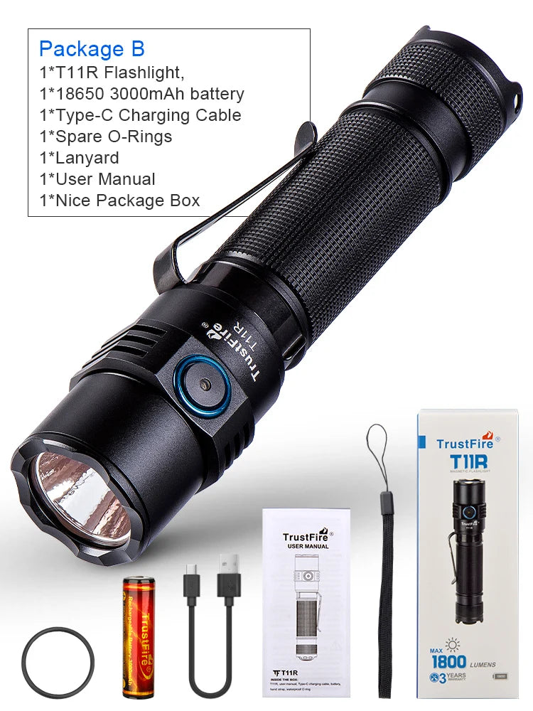 Trustfire T11R Tactical Led Flashlight- 1800 Lumen- Powerful Type C USB Rechargeable 18650 High Power Torch Lamp Dual Switch