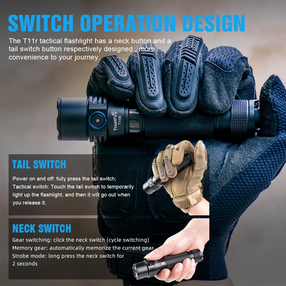 Trustfire T11R Tactical Led Flashlight- 1800 Lumen- Powerful Type C USB Rechargeable 18650 High Power Torch Lamp Dual Switch