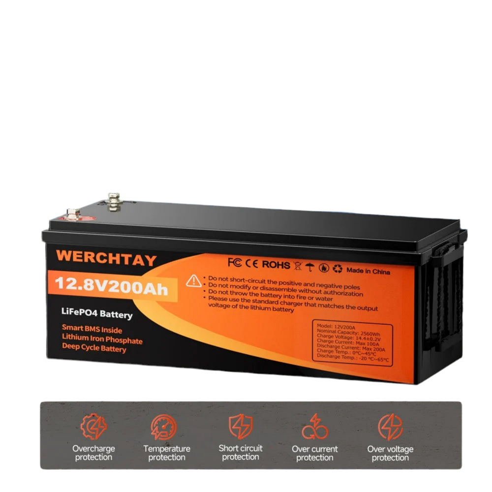 WERCHTAY LiFePO4 12V Battery with BMS 25000 Cycles 100A 200A Lithium Battery