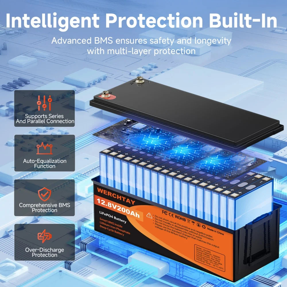 WERCHTAY LiFePO4 12V Battery with BMS 25000 Cycles 100A 200A Lithium Battery
