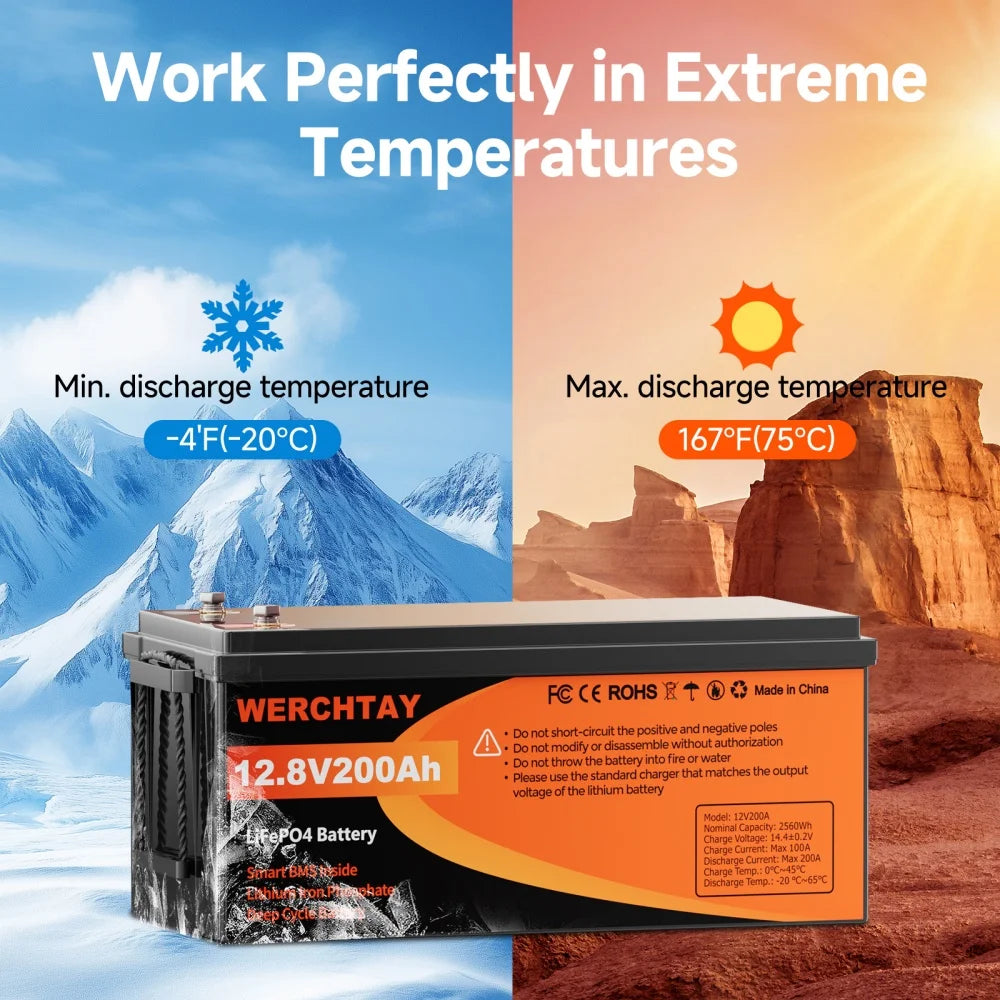 WERCHTAY LiFePO4 12V Battery with BMS 25000 Cycles 100A 200A Lithium Battery