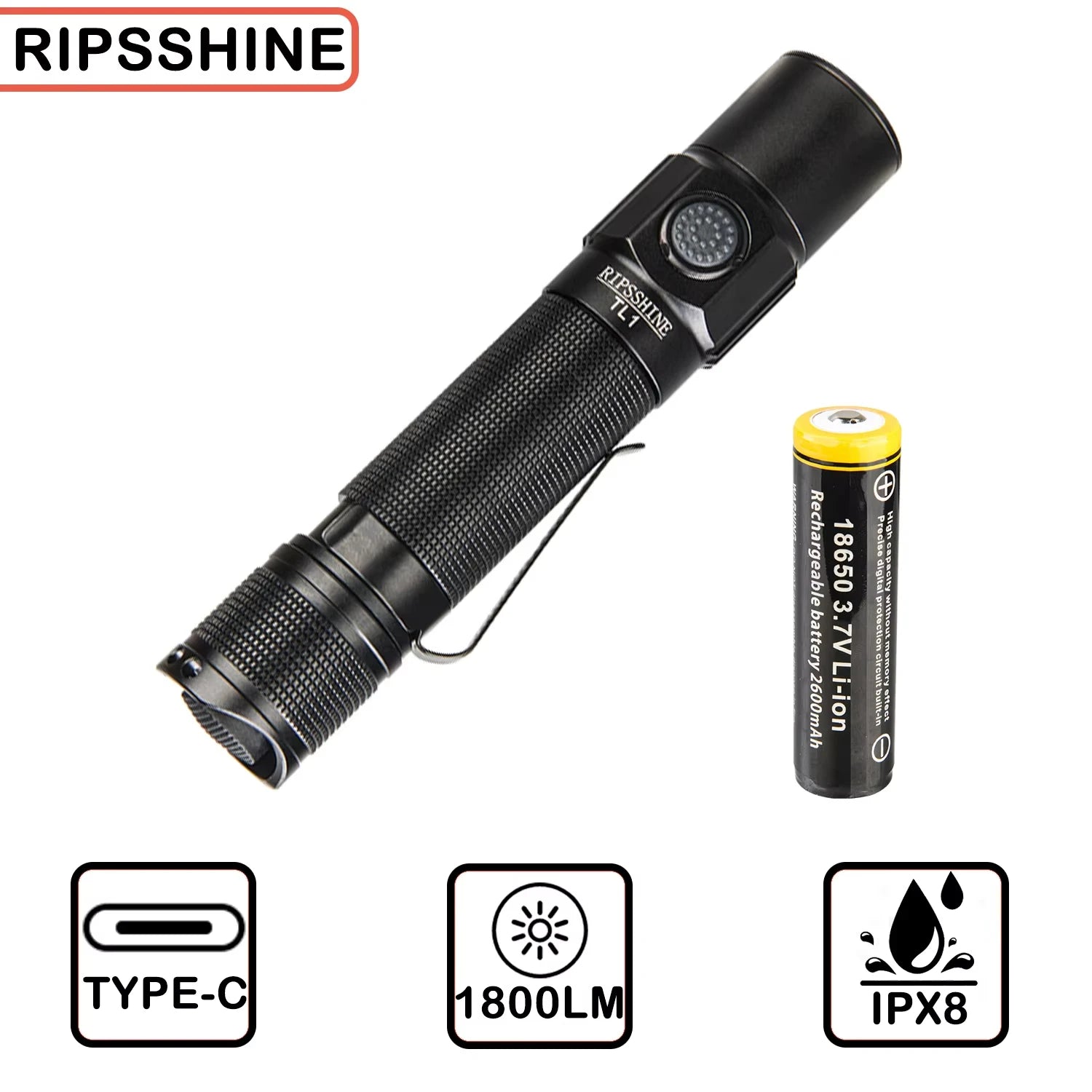 TL1 Tactical 18650 Flashlight- Powerful LED Light Type-C Rechargeable Torch