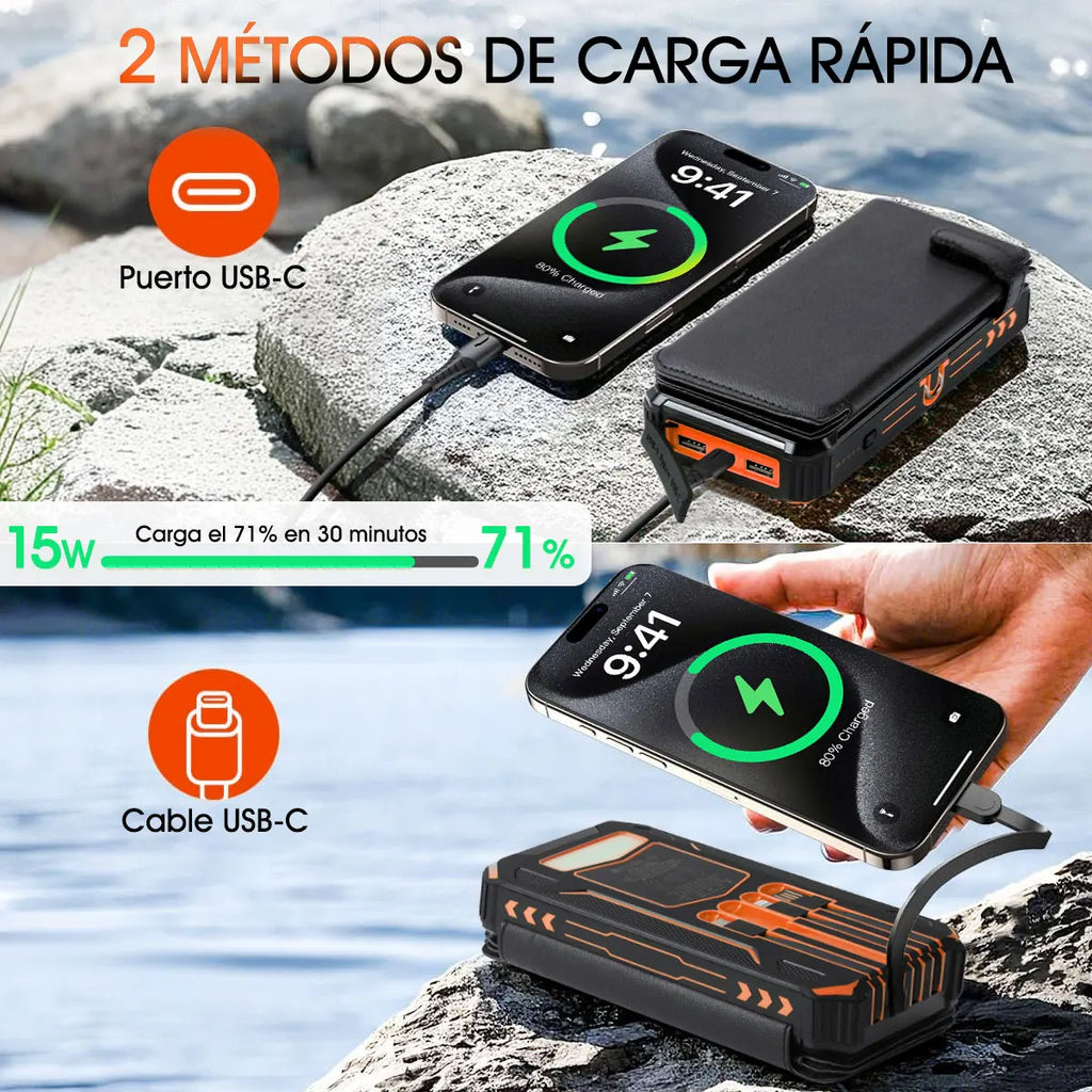 Compact Solar Power Bank Fast Charging enabled 20000mAh With Wire
