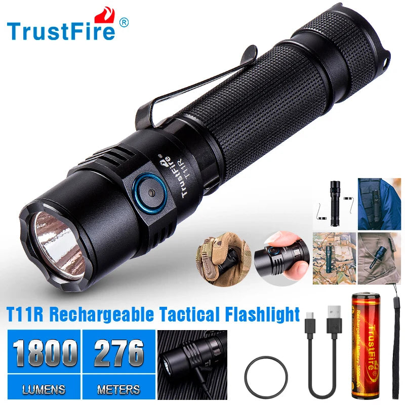 Trustfire T11R Tactical Led Flashlight- 1800 Lumen- Powerful Type C USB Rechargeable 18650 High Power Torch Lamp Dual Switch