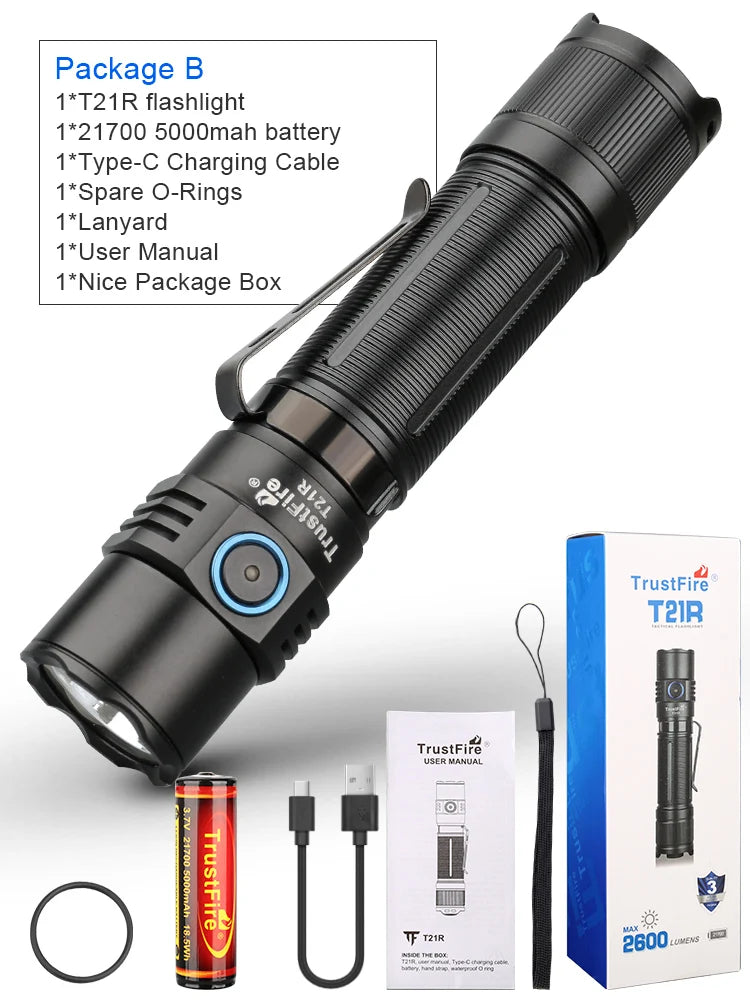 Trustfire T21R Tactical Led Flashlight 2600LM Type C USB Rechargeable 21700 High Power Torch