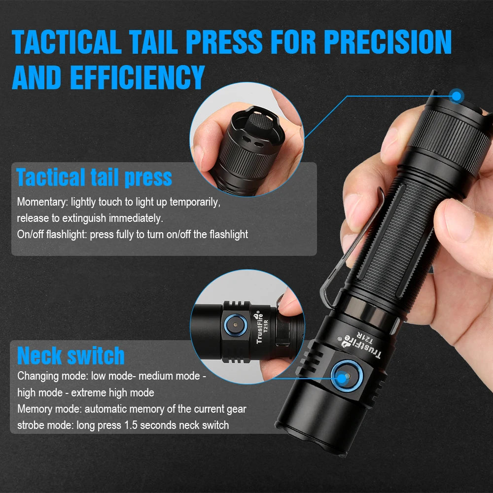 Trustfire T21R Tactical Led Flashlight 2600LM Type C USB Rechargeable 21700 High Power Torch