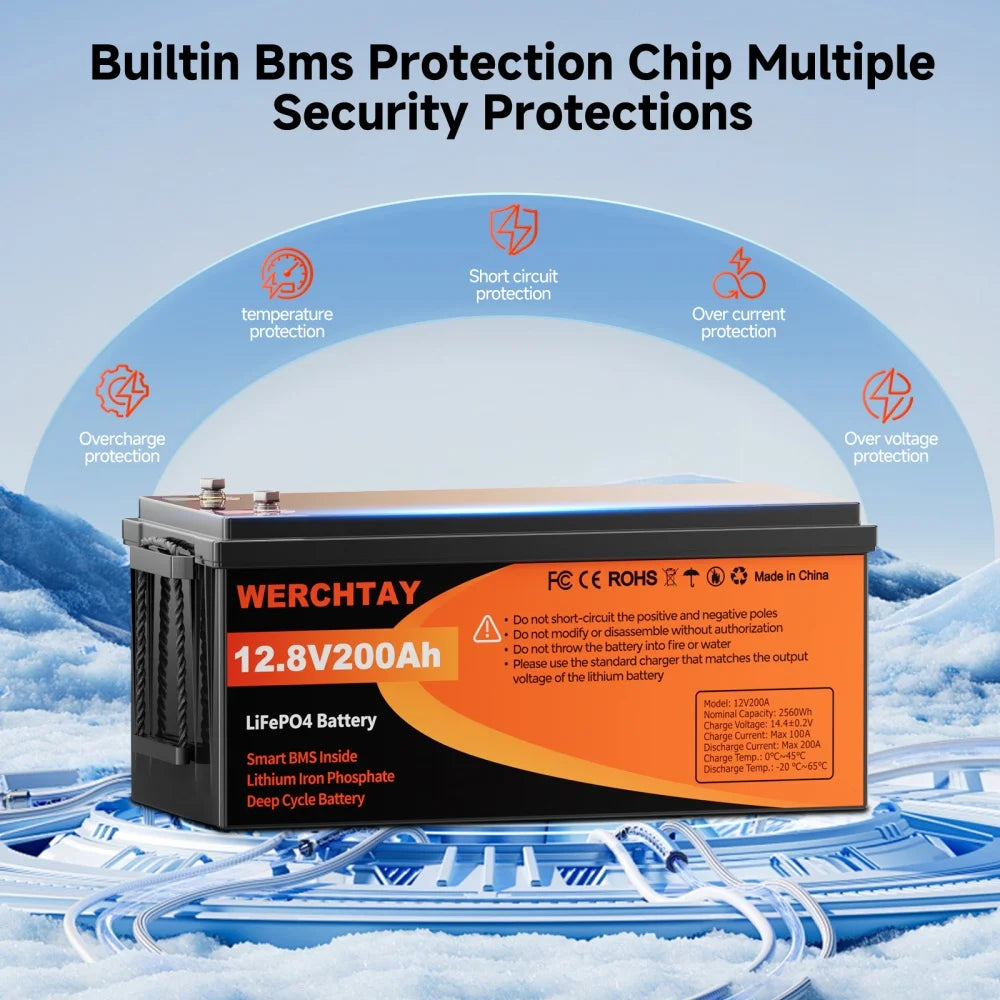 WERCHTAY LiFePO4 12V Battery with BMS 25000 Cycles 100A 200A Lithium Battery