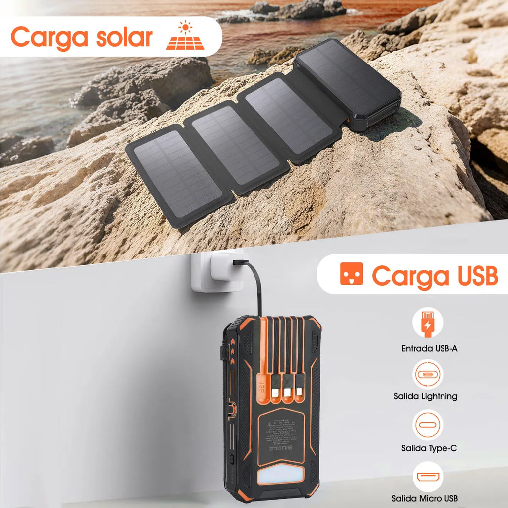 Compact Solar Power Bank Fast Charging enabled 20000mAh With Wire
