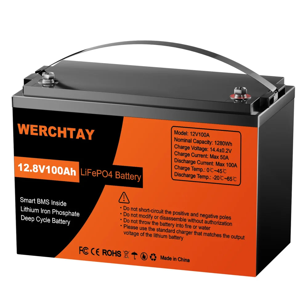 WERCHTAY LiFePO4 12V Battery with BMS 25000 Cycles 100A 200A Lithium Battery